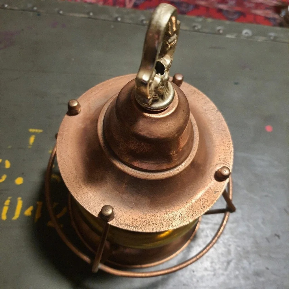 Vintage Metal Copper & Amber Glass Hanging Cage Lantern Naurical Railroad Decor